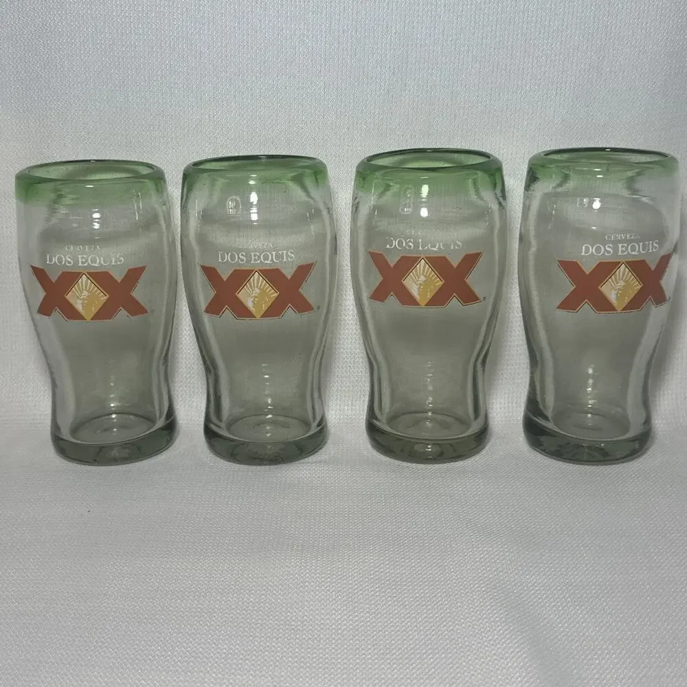 Dos Equis XX Hand Blown Beer Glasses Heavyweight Thick Bubbles Green Rim Set 4